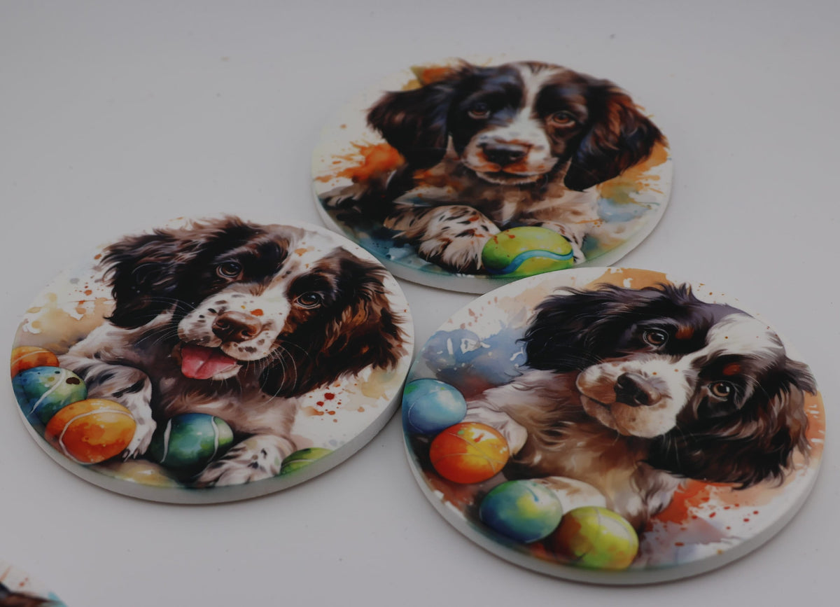 Springer Spaniel Puppy Printed Watercolour effect Round Ceramic Coasters-  Set of 6, colourful, gift for all occasions, six unique designs.