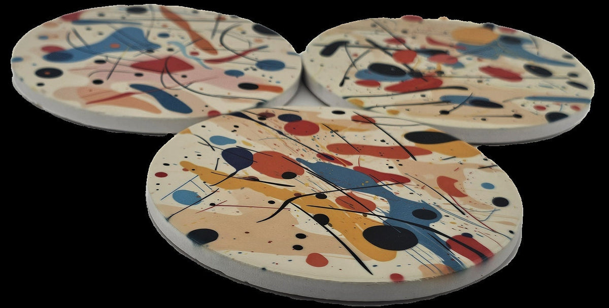 AI24017C Ink Splat Effect Round Ceramic Coasters- Set of 6, colourful, gift for all occasions, six unique designs.
