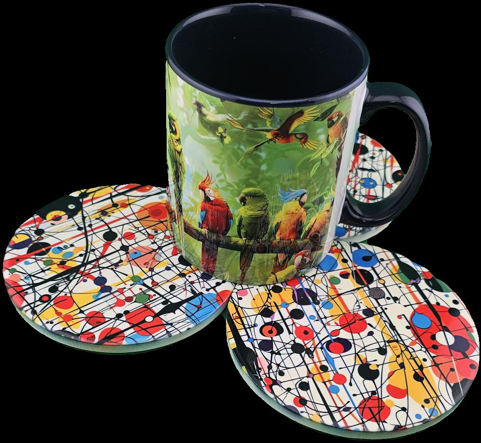 Pollock Style Ceramic Coasters, Colorful Abstract Round Drink Coasters, Modern Art Table Decor