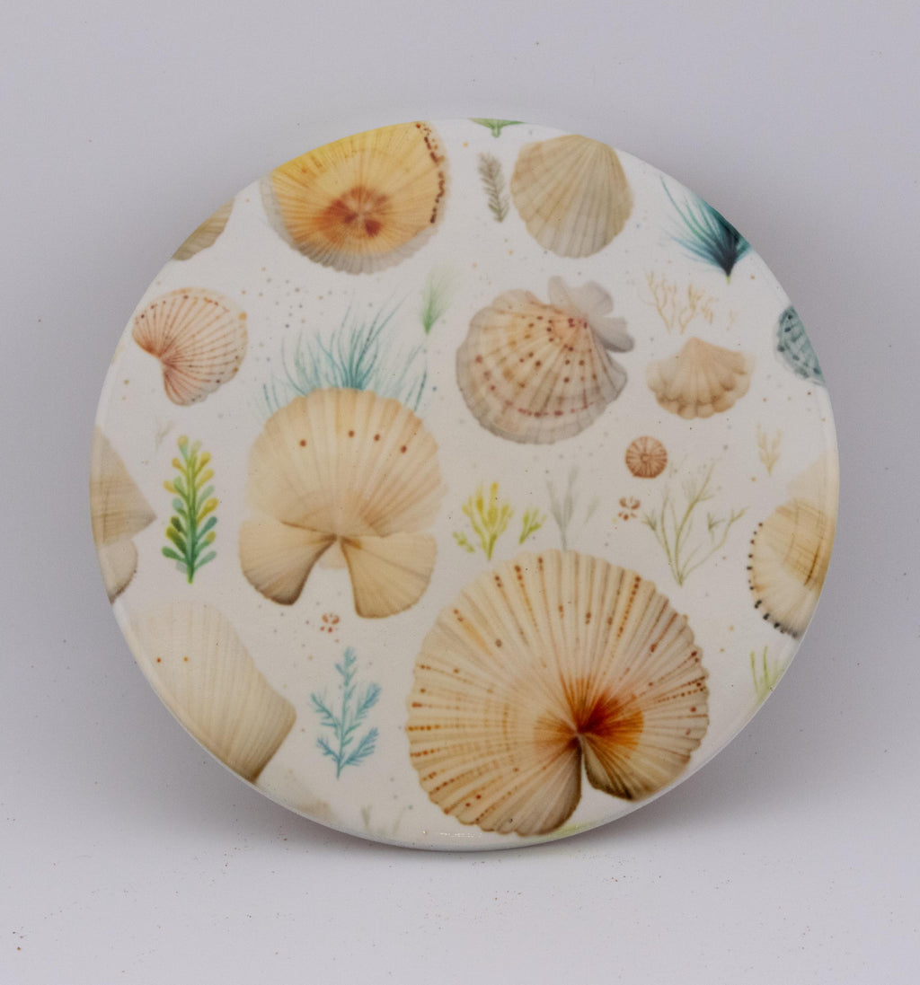 AI24041C  Beachlife Shell collection  Round Ceramic Coasters- Set of 6, colourful, gift for all occasions, six unique designs.