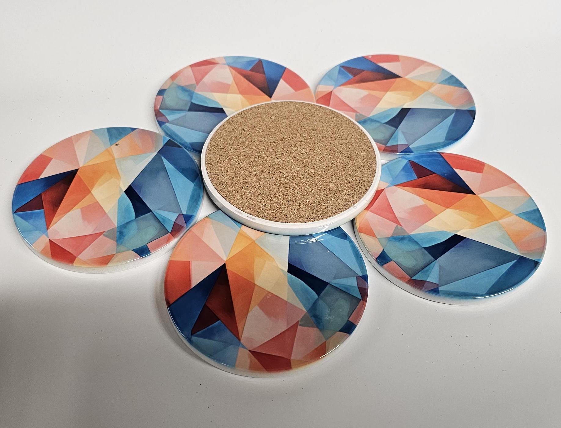 AI24060C AGEometric Rainbow Contemporary Design -  Round Ceramic Coasters- Set of 6, gift for all occasions, Designed and made in Britain
