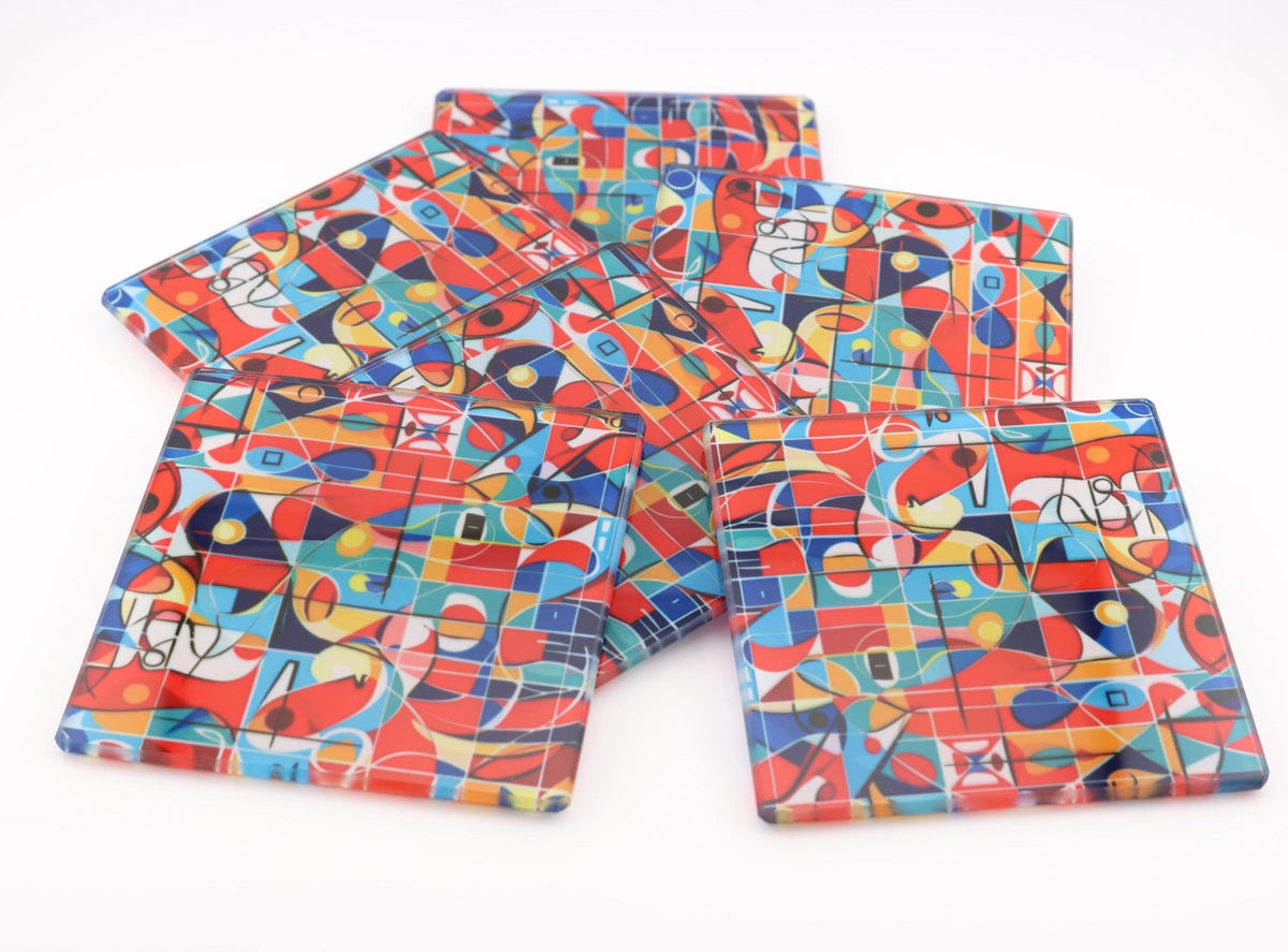 AI24047G Abstract Minimalist No2,  Square Glass Coasters- Set of 6, colourful, gift for all occasions, six unique designs.