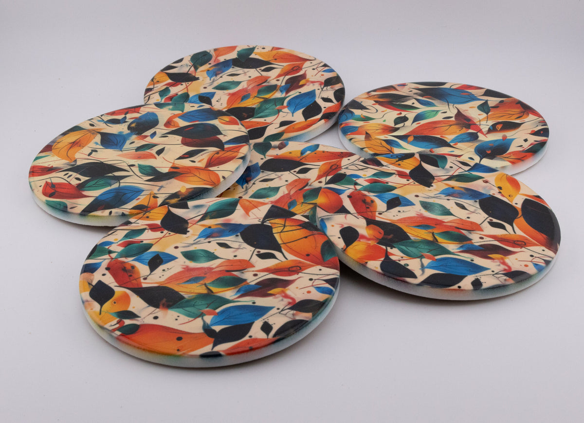 AI24025C Autumn Leaves Round Glass Coaster, Colorful Botanical Coaster, Modern Foliage Print Home Decor, Fall Leaf Pattern Drink Coaster