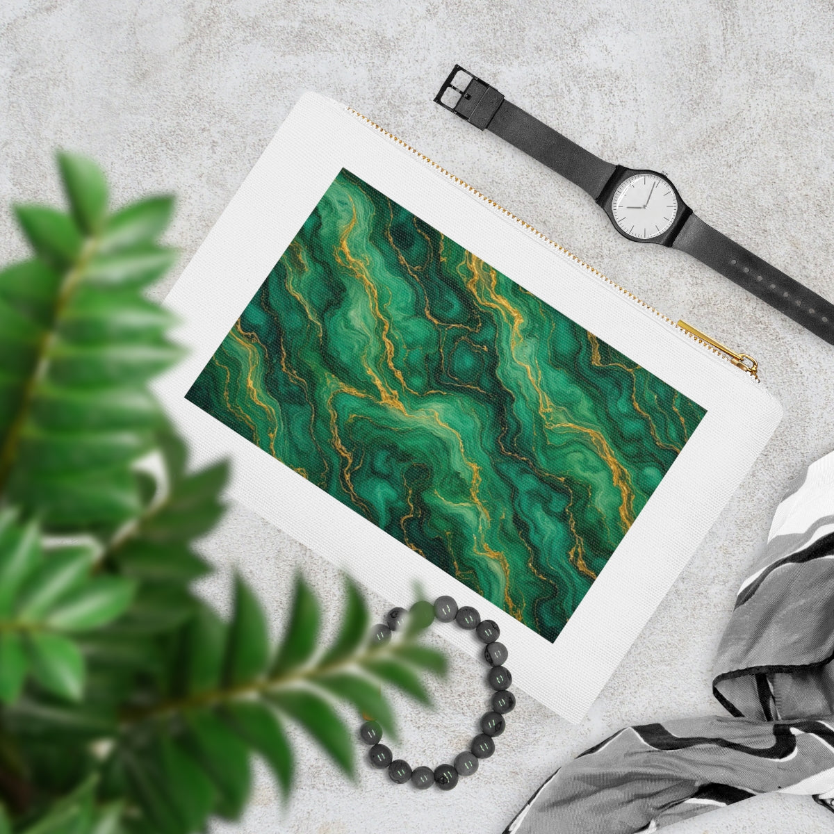 Emerald Tide-Pool Pour Canvas Cosmetic Bag – White