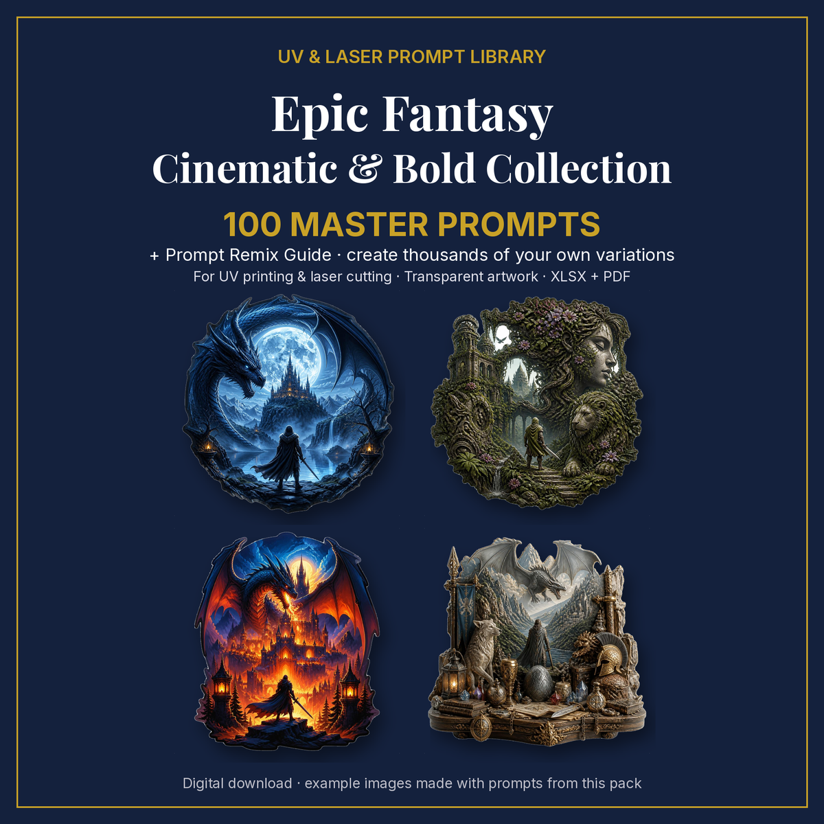 Cover: Epic Fantasy Cinematic & Bold Collection, 100 master prompts + Prompt Remix Guide