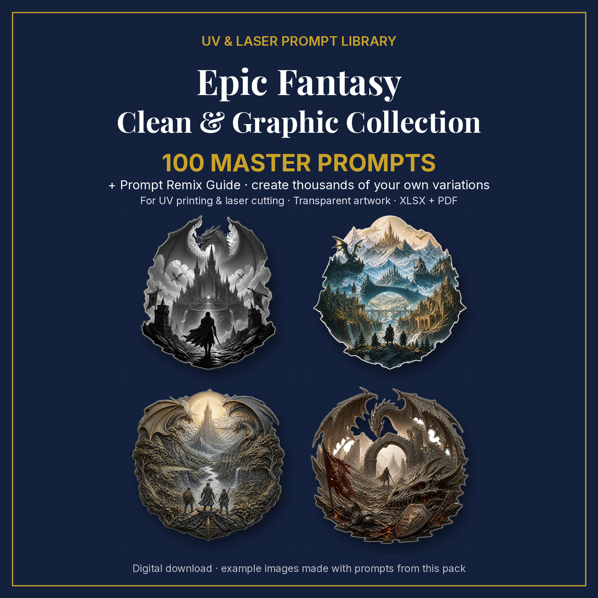 Cover: Epic Fantasy Clean & Graphic Collection, 100 master prompts + Prompt Remix Guide