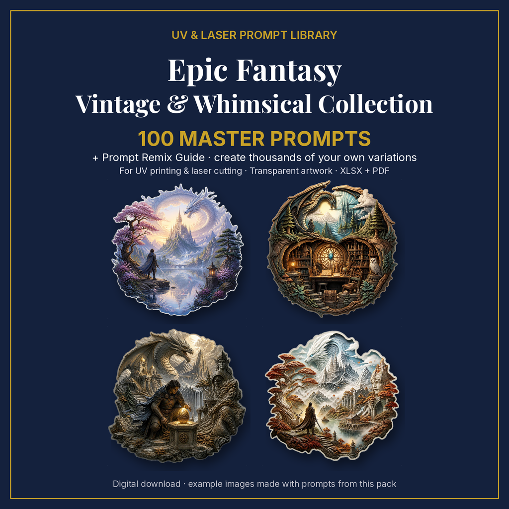 Cover: Epic Fantasy Vintage & Whimsical Collection, 100 master prompts + Prompt Remix Guide