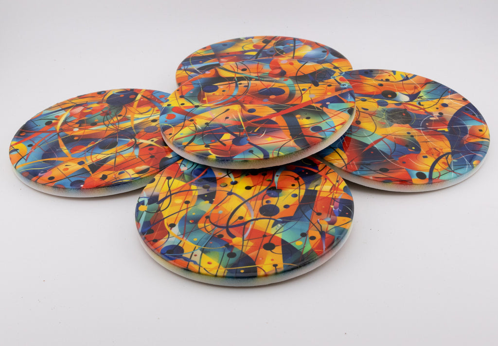 AI24035C Chaotic Watercolour Abstract Effect Round Ceramic Coasters- Set of 6, colourful, gift for all occasions, six unique designs.