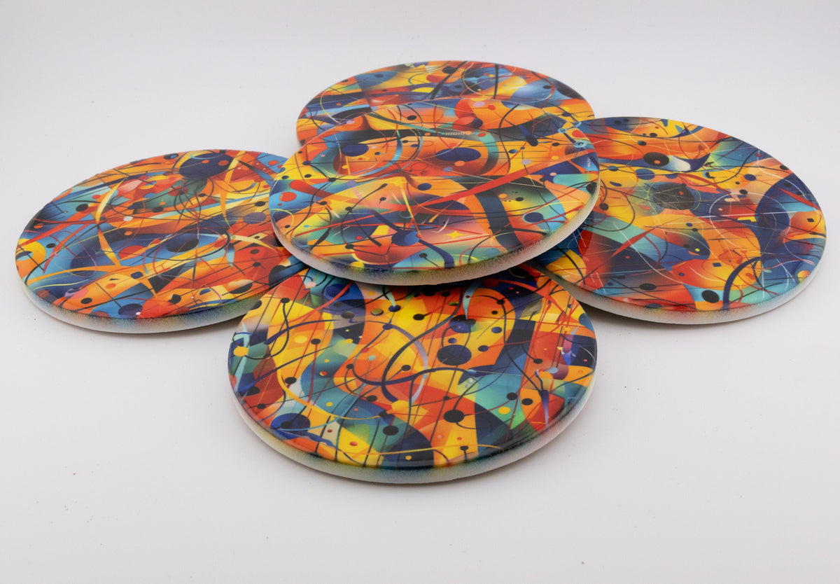 AI24035C Chaotic Watercolour Abstract Effect Round Ceramic Coasters- Set of 6, colourful, gift for all occasions, six unique designs.