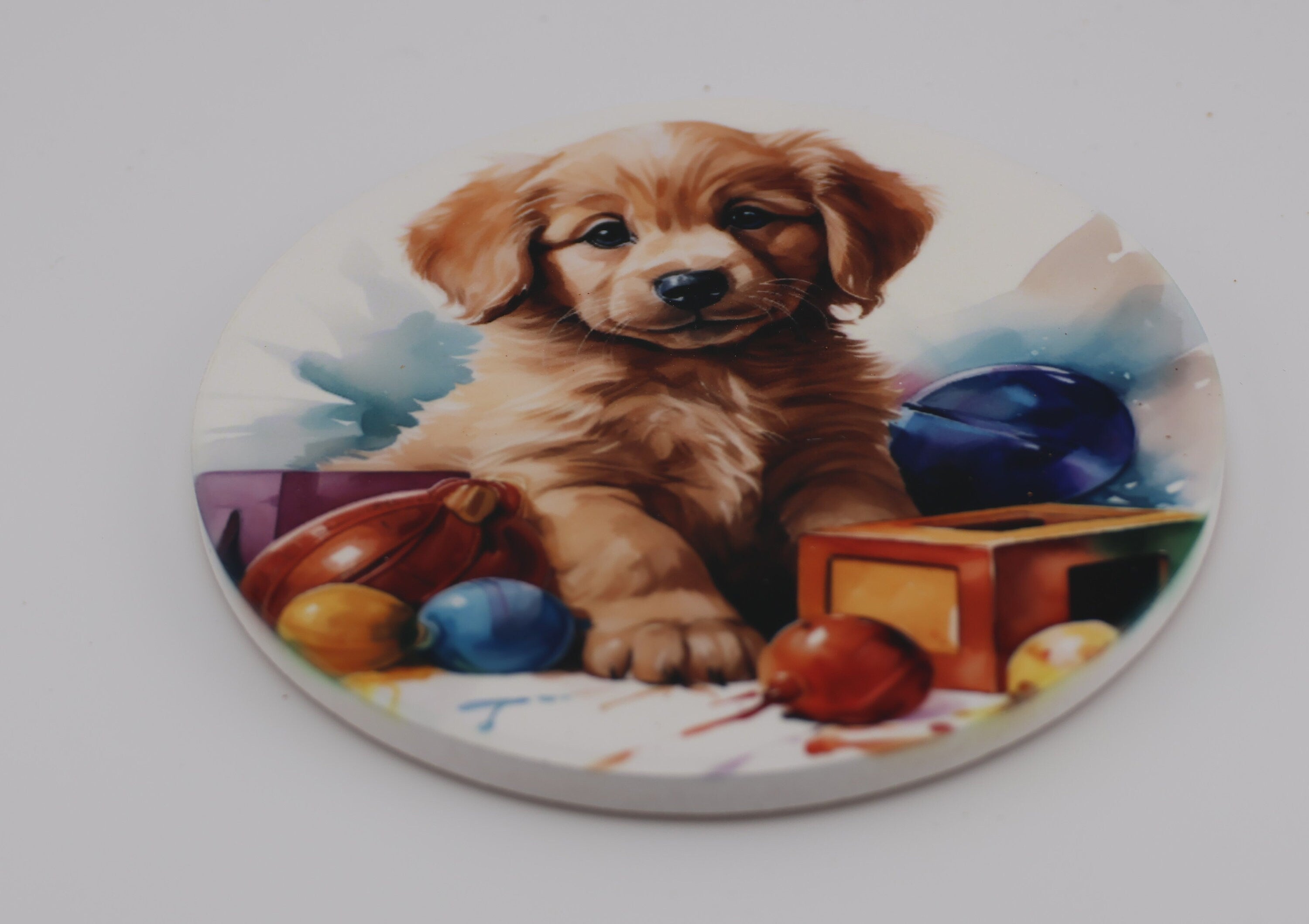 AI24023C Golden Retriever  Puppy Printed Watercolour effect Round Ceramic Coasters-  Set of 6, colourful, gift for all occasions