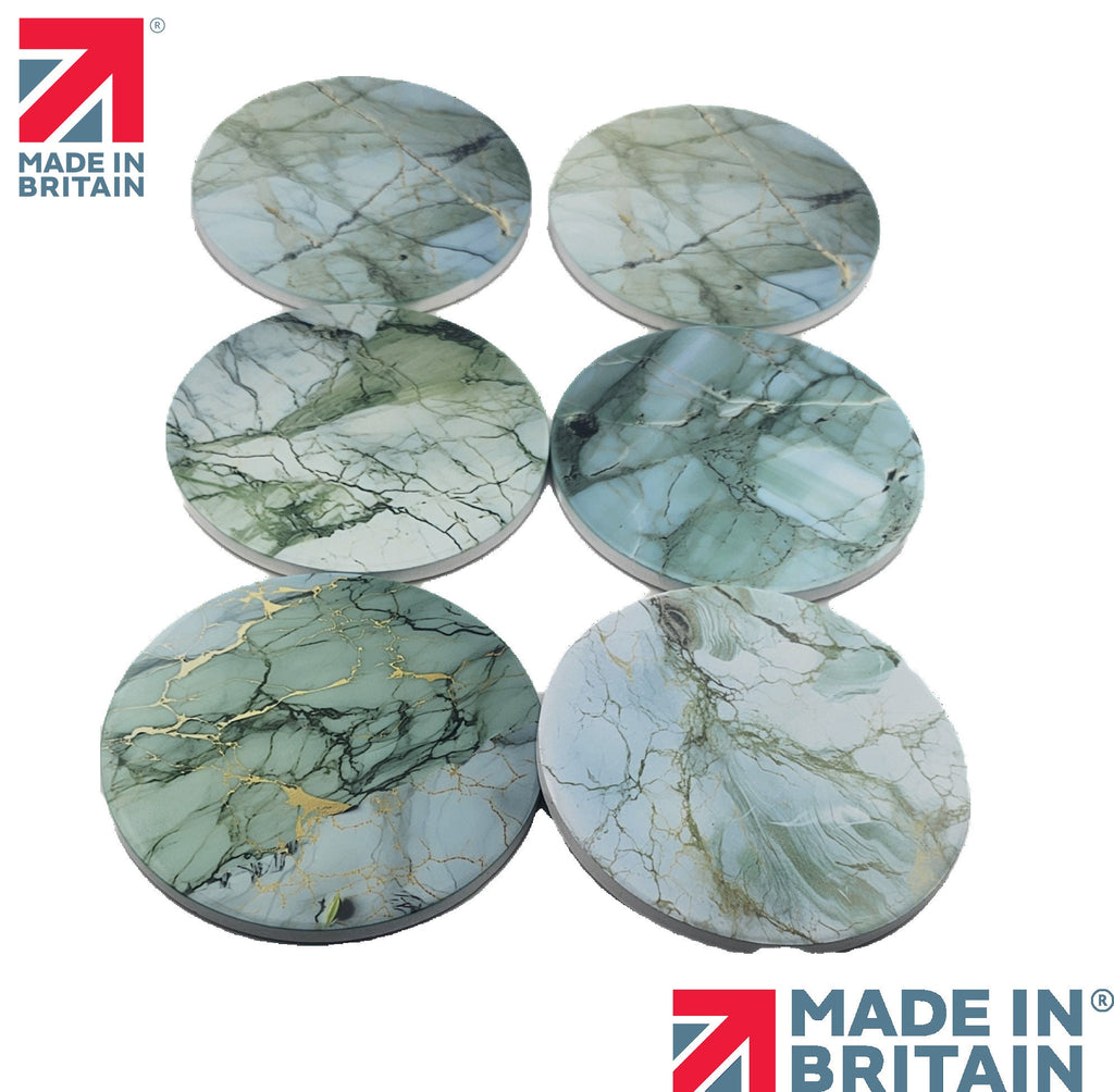 AI24026C Green Marble Effect Round Ceramic Coasters-  Set of 6, colourful, gift for all occasions, six unique designs.