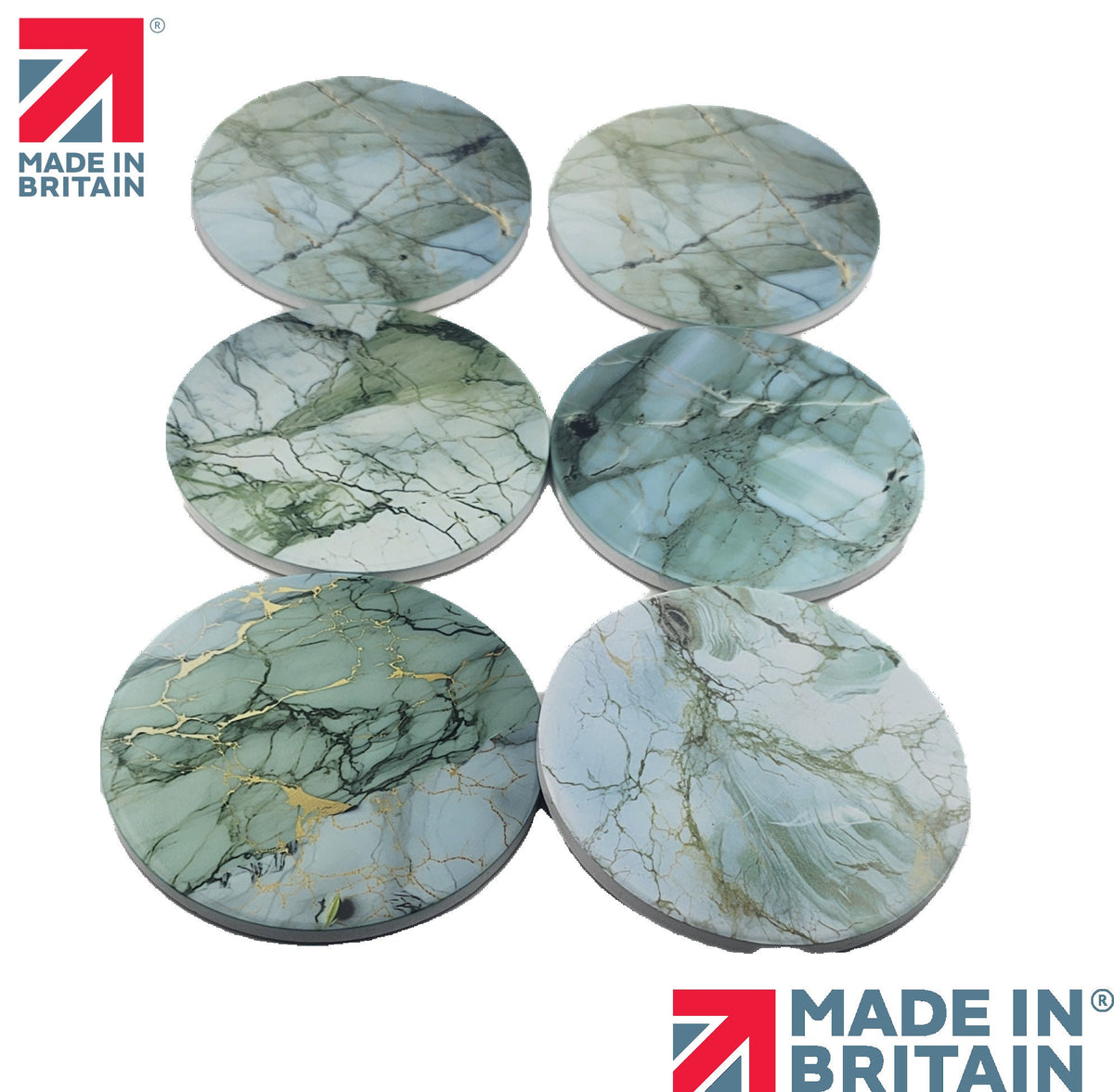 AI24026C Green Marble Effect Round Ceramic Coasters-  Set of 6, colourful, gift for all occasions, six unique designs.