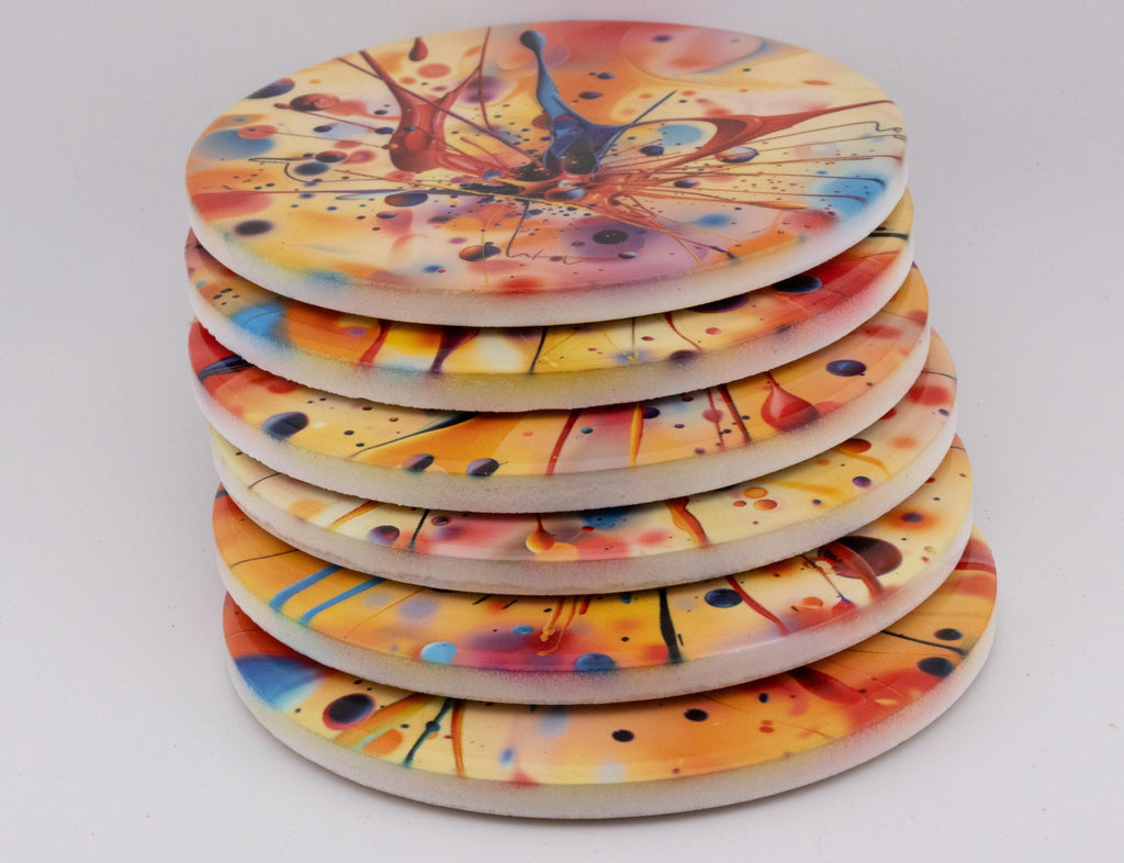 AI24016C Acrylic Oil Splash No5 - Multi coloured Round Ceramic Coasters- Set of 6, gift for all occasions, Designed and made in Britain