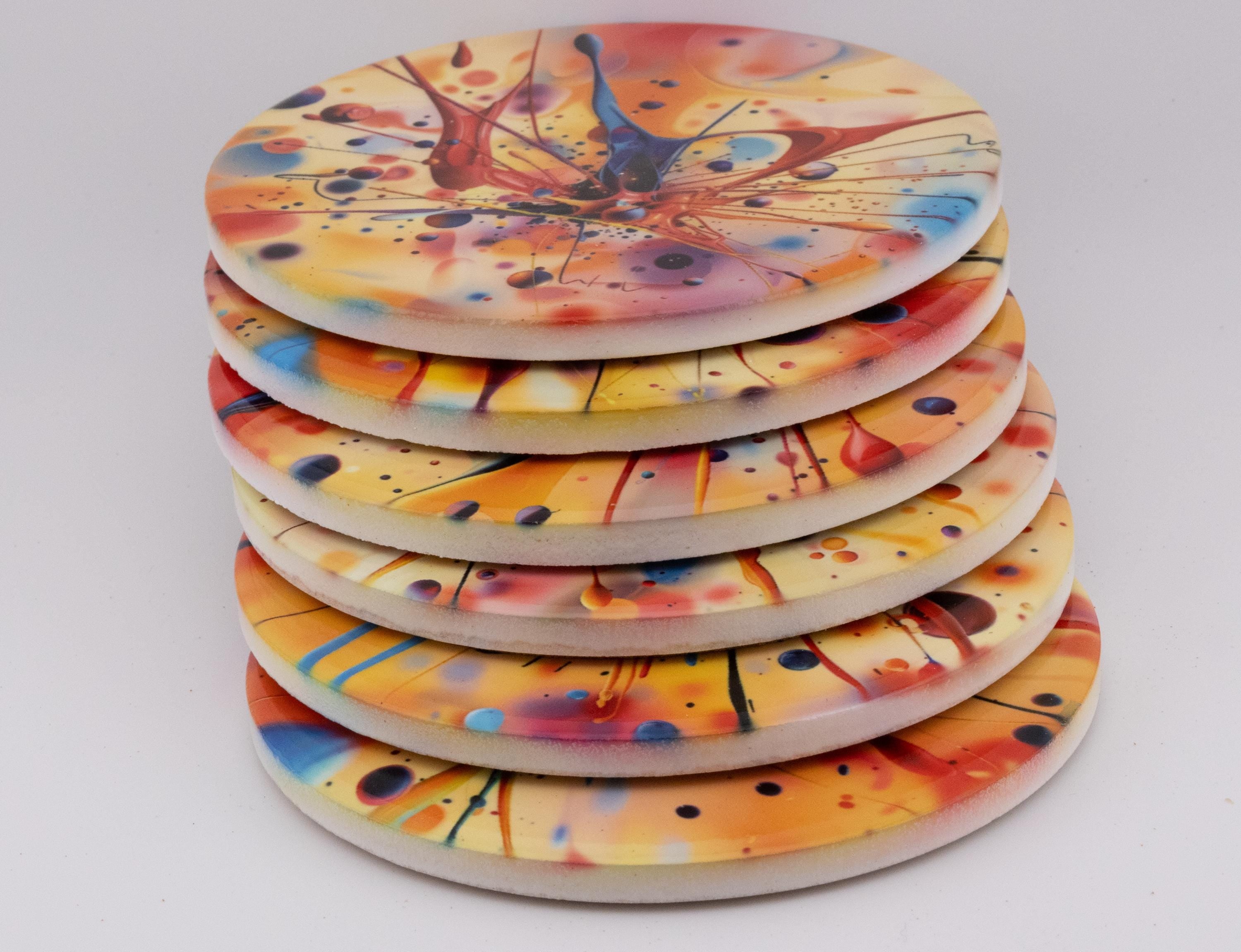 AI24016C Acrylic Oil Splash No5 - Multi coloured Round Ceramic Coasters- Set of 6, gift for all occasions, Designed and made in Britain