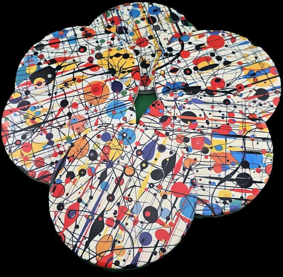 Pollock Style Ceramic Coasters, Colorful Abstract Round Drink Coasters, Modern Art Table Decor