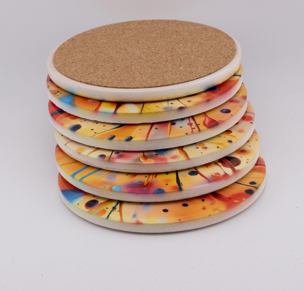 AI24016C Acrylic Oil Splash No5 - Multi coloured Round Ceramic Coasters- Set of 6, gift for all occasions, Designed and made in Britain