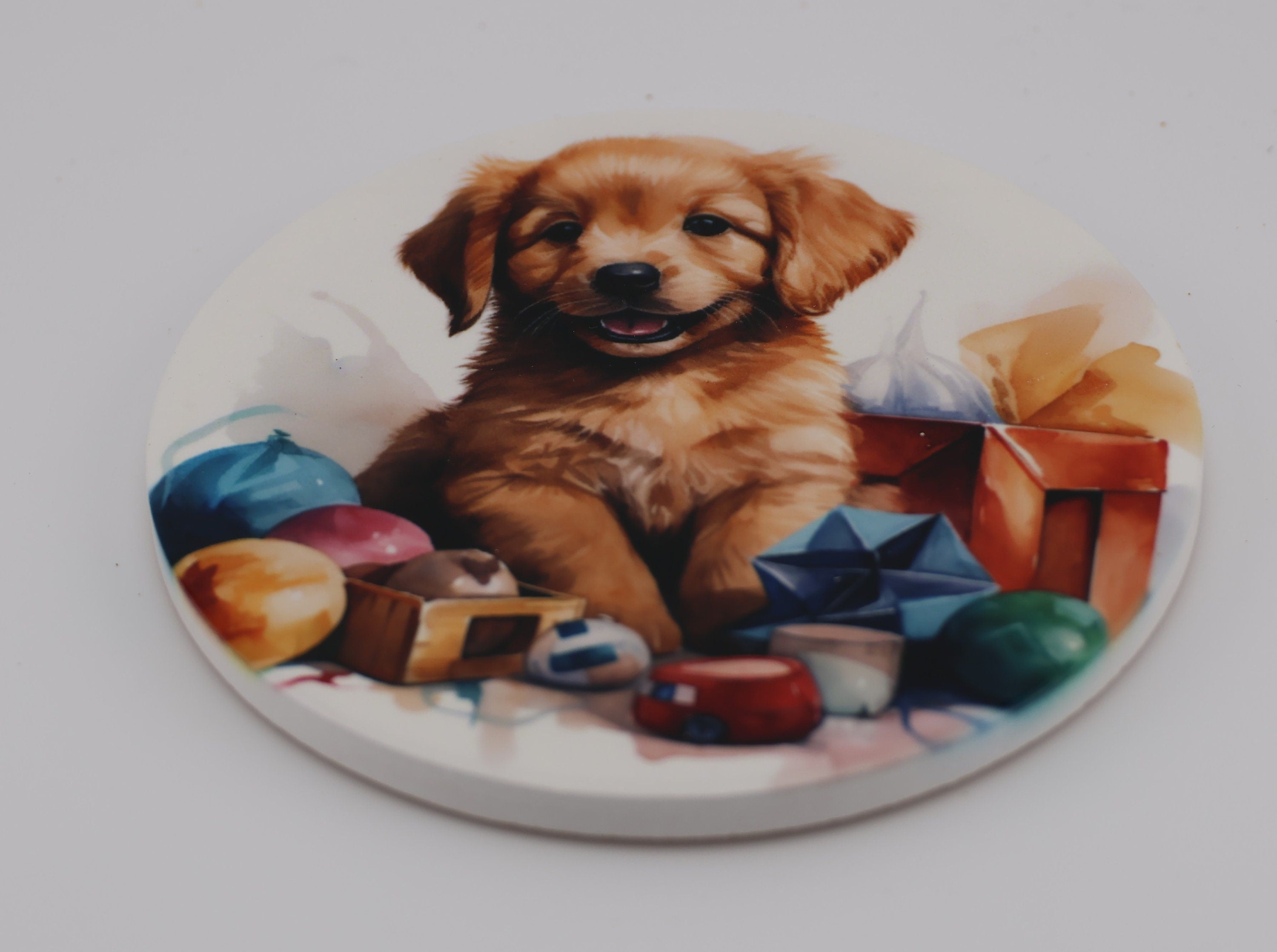 AI24023C Golden Retriever  Puppy Printed Watercolour effect Round Ceramic Coasters-  Set of 6, colourful, gift for all occasions