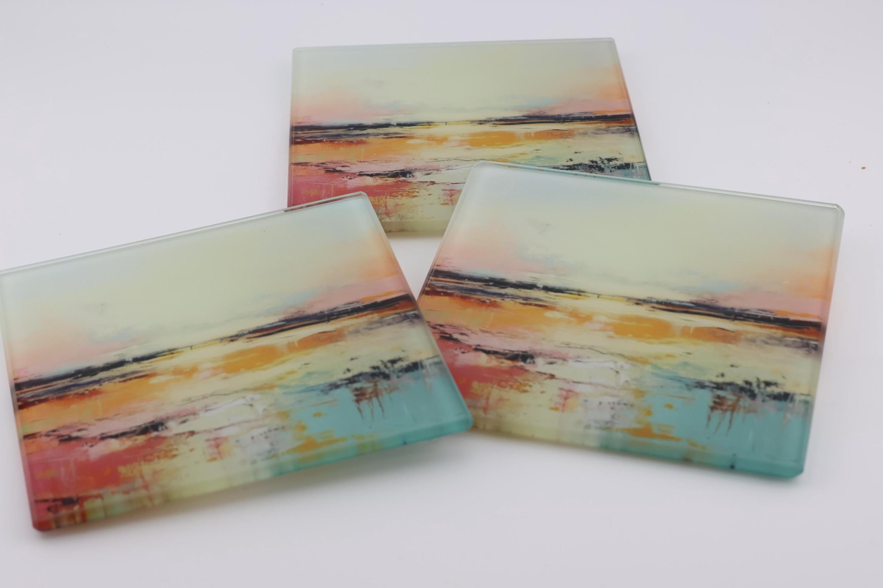 AI24079G Water colour Abstract minimalist Lanscape Scene  Square Glass Coasters- Set of 6, colourful, gift for all occasions.