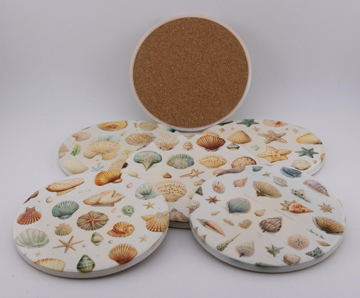 AI24041C  Beachlife Shell collection  Round Ceramic Coasters- Set of 6, colourful, gift for all occasions, six unique designs.