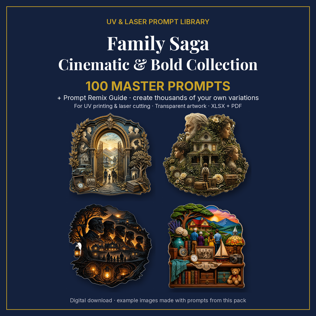 Cover: Family Saga Cinematic & Bold Collection, 100 master prompts + Prompt Remix Guide