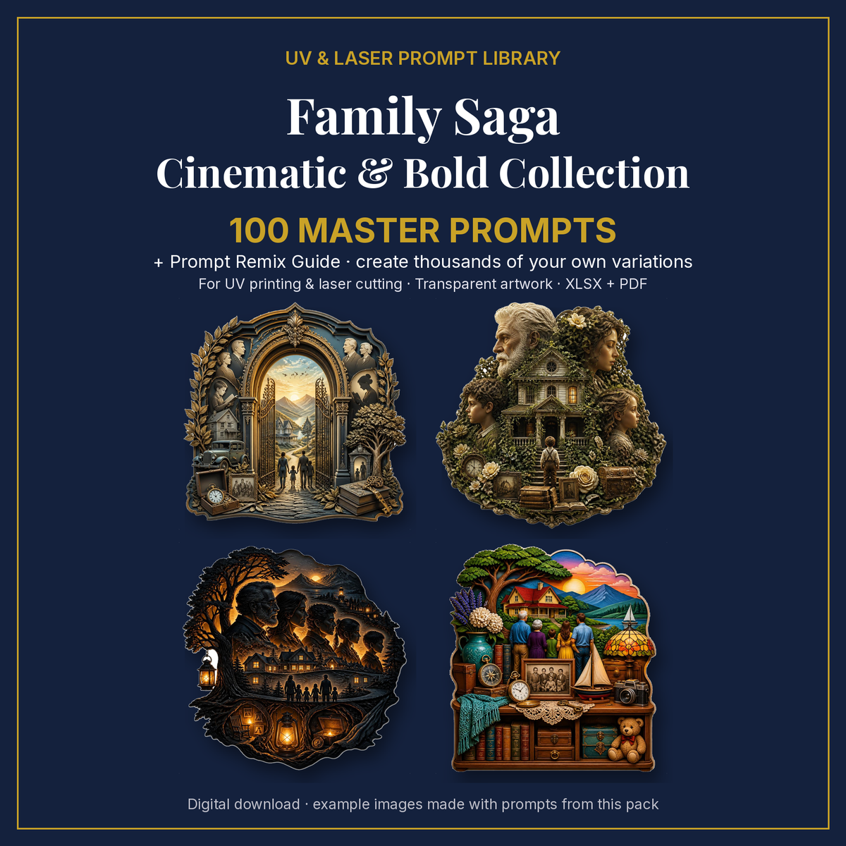 Cover: Family Saga Cinematic & Bold Collection, 100 master prompts + Prompt Remix Guide