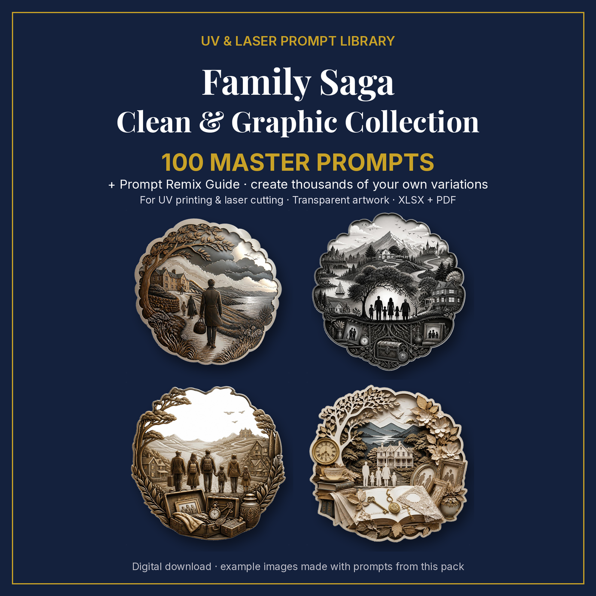 Cover: Family Saga Clean & Graphic Collection, 100 master prompts + Prompt Remix Guide