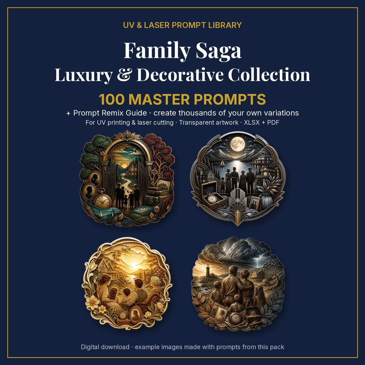 Cover: Family Saga Luxury & Decorative Collection, 100 master prompts + Prompt Remix Guide