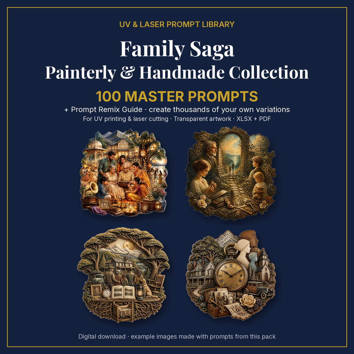 Cover: Family Saga Painterly & Handmade Collection, 100 master prompts + Prompt Remix Guide