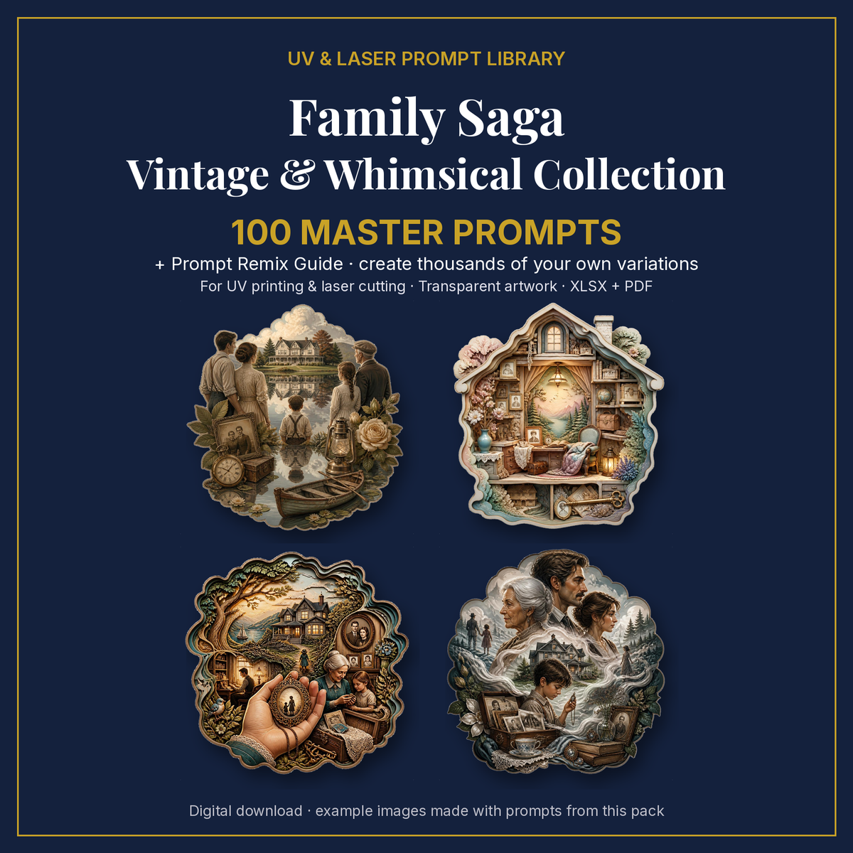 Cover: Family Saga Vintage & Whimsical Collection, 100 master prompts + Prompt Remix Guide