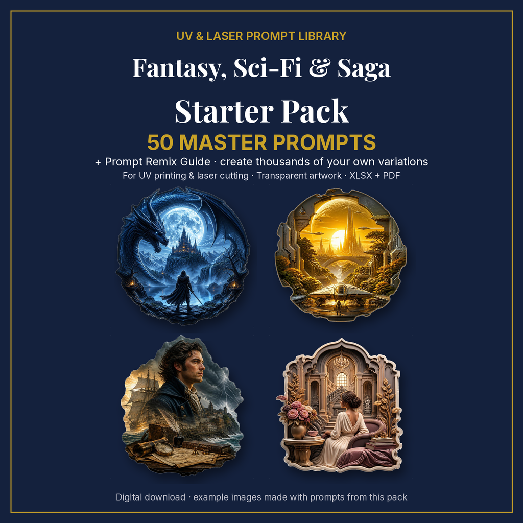 Cover: Fantasy, Sci-Fi & Saga Starter Pack, 50 master prompts + Prompt Remix Guide