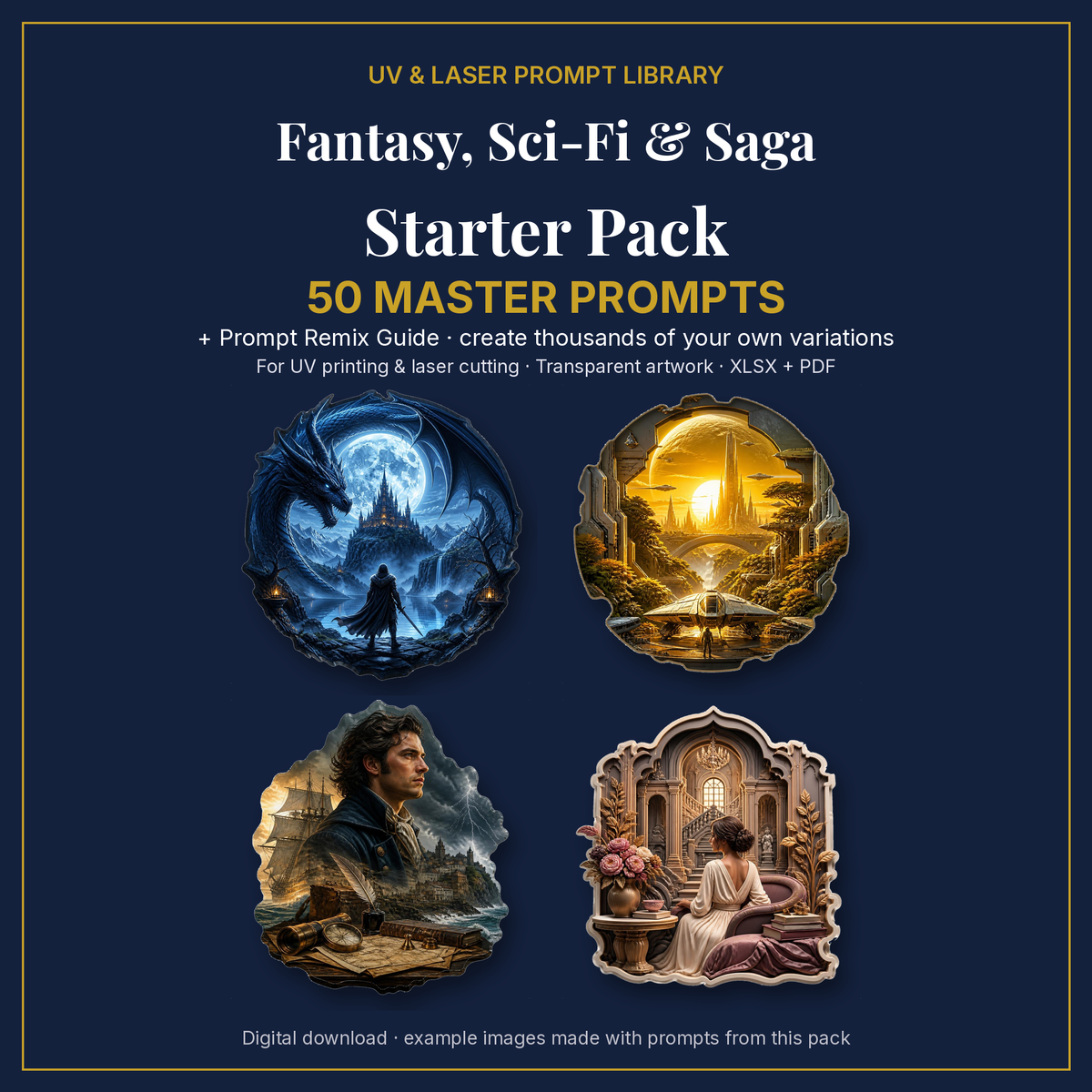 Cover: Fantasy, Sci-Fi & Saga Starter Pack, 50 master prompts + Prompt Remix Guide