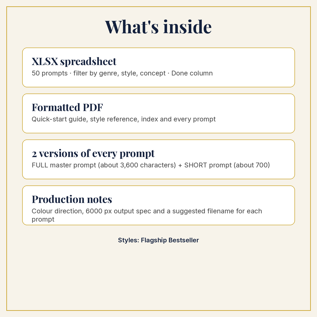 What is inside the download: XLSX, PDF, full and short prompts