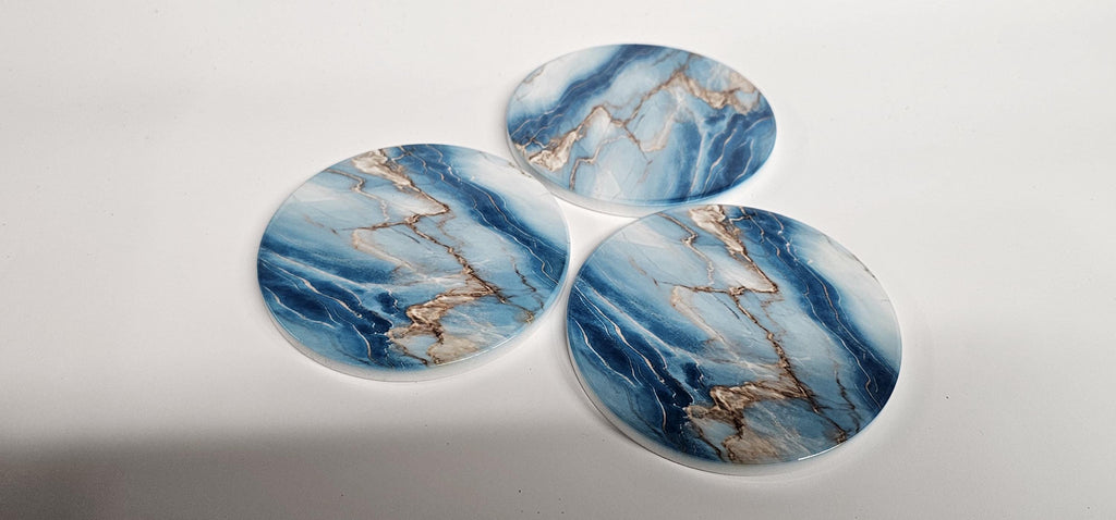 AI24061C Cyan, Blue & Gold Marble effect -  Round Ceramic Coasters- Set of 6, gift for all occasions, Designed and made in Britain