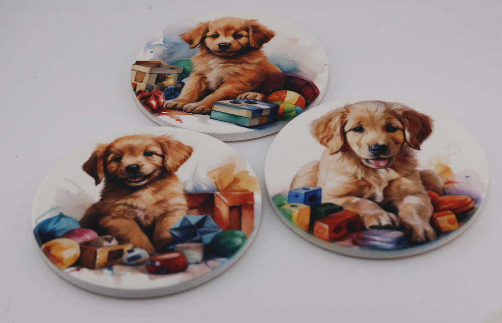 AI24023C Golden Retriever  Puppy Printed Watercolour effect Round Ceramic Coasters-  Set of 6, colourful, gift for all occasions
