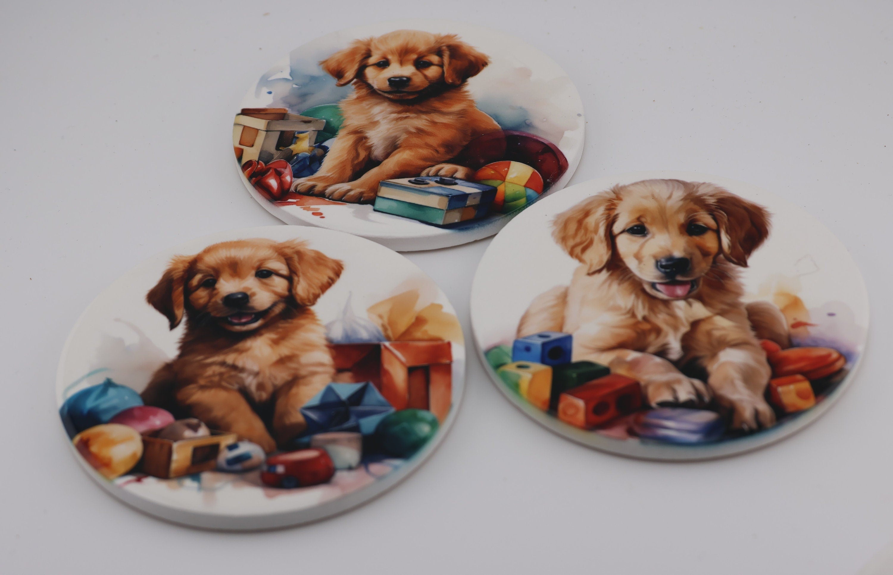 AI24023C Golden Retriever  Puppy Printed Watercolour effect Round Ceramic Coasters-  Set of 6, colourful, gift for all occasions