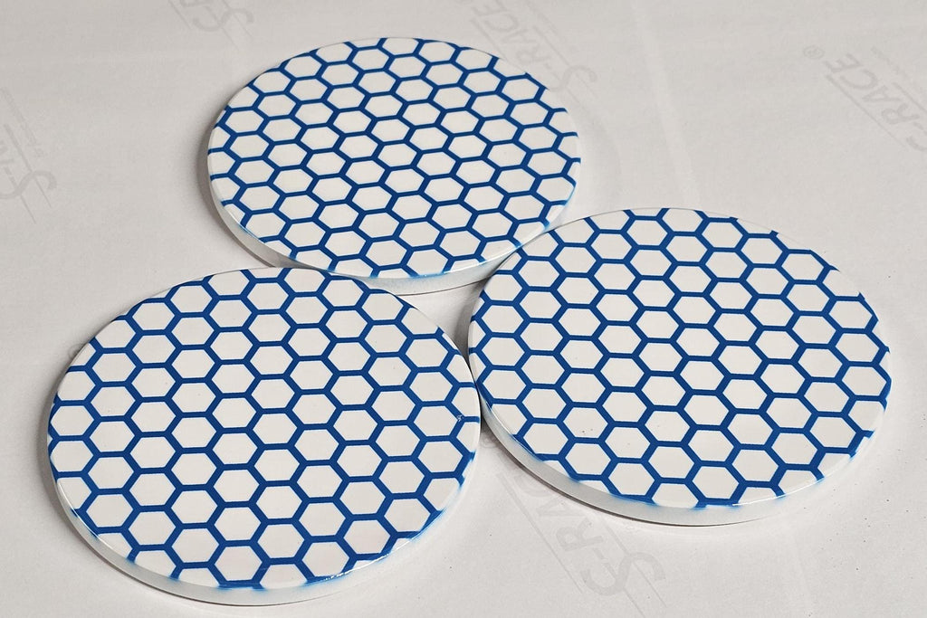 AI24069C Blue and white Honeycomb ,other variations -  Round Ceramic Coasters- Set of 6, gift for all occasions, Designed, made in Britain
