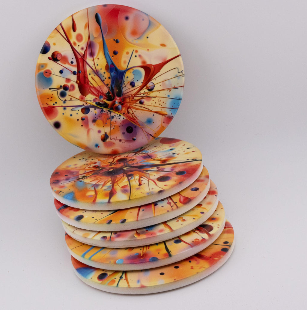 AI24016C Acrylic Oil Splash No5 - Multi coloured Round Ceramic Coasters- Set of 6, gift for all occasions, Designed and made in Britain