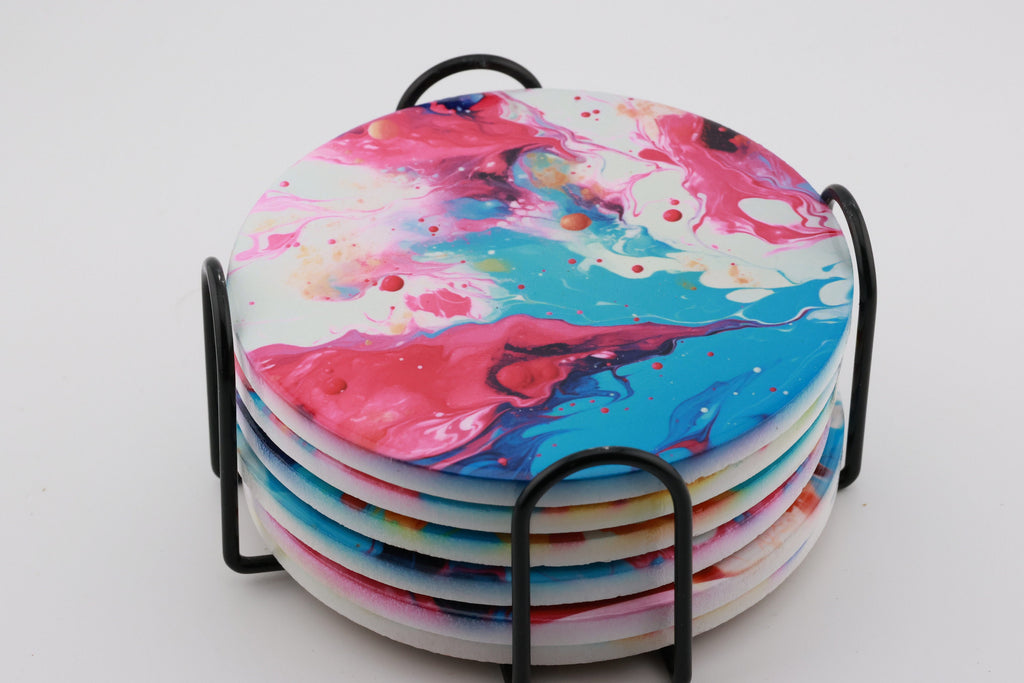 AI24030C Acrylic Oil Splash art Effect Round Ceramic Coasters-Set of 6, colourful, gift for all occasions, six unique designs.