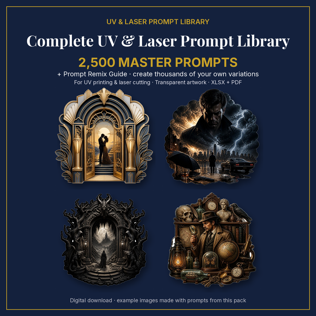 Cover: Complete UV & Laser Prompt Library, 2,500 master prompts + Prompt Remix Guide