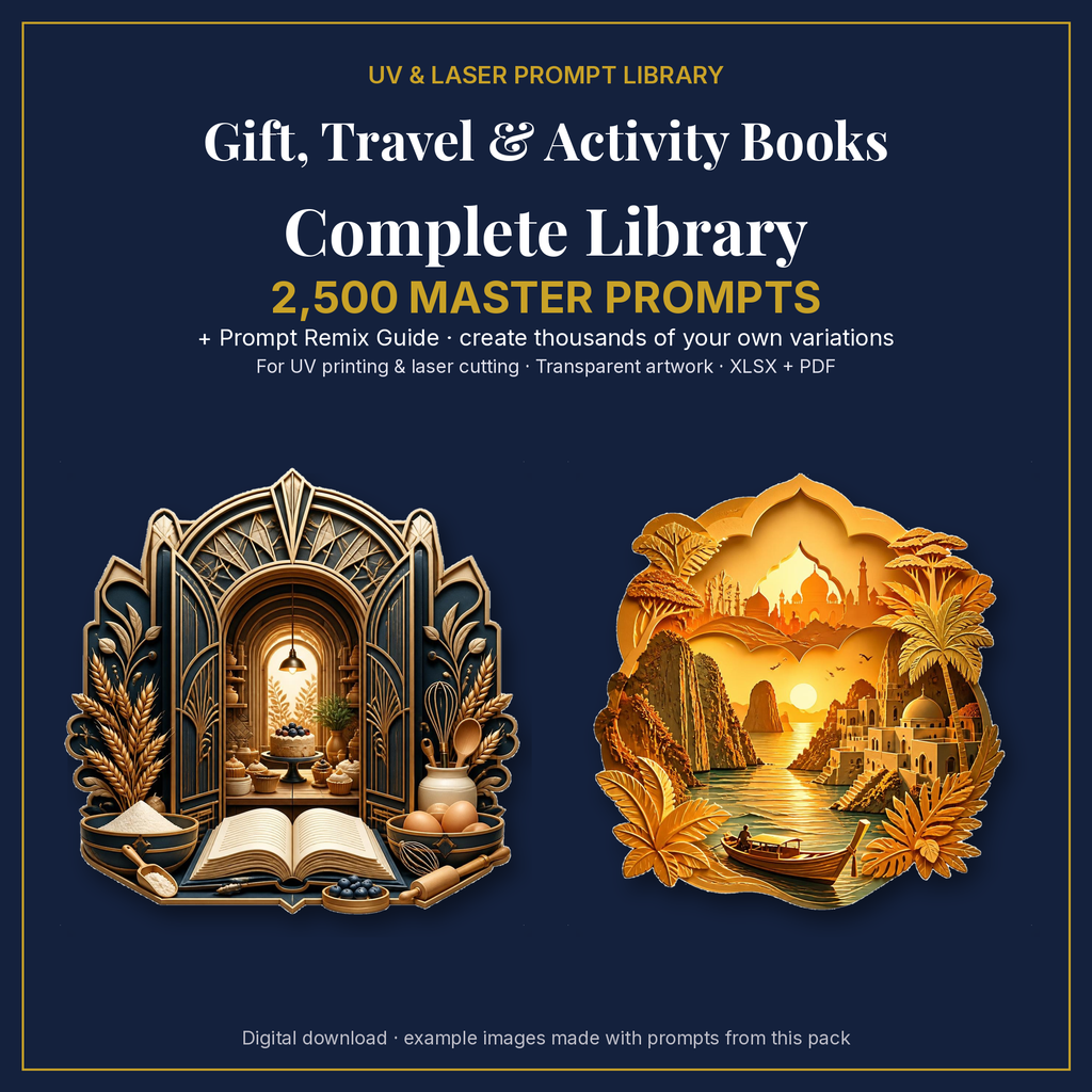 Cover: Gift, Travel & Activity Books Complete Library, 2,500 master prompts + Prompt Remix Guide
