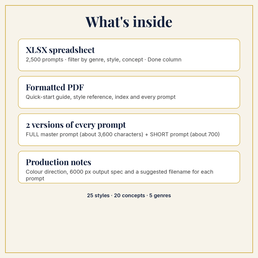 What is inside the download: XLSX, PDF, full and short prompts