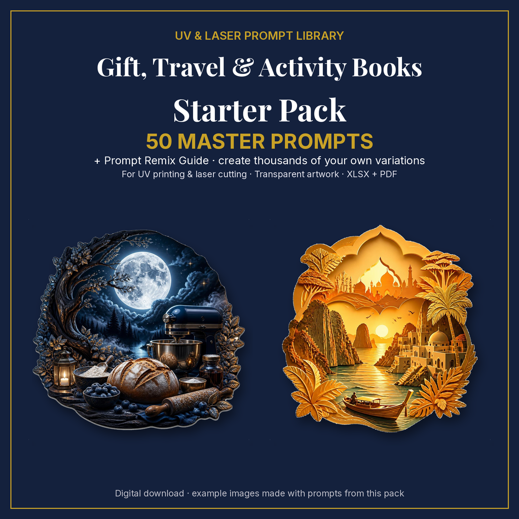 Cover: Gift, Travel & Activity Books Starter Pack, 50 master prompts + Prompt Remix Guide