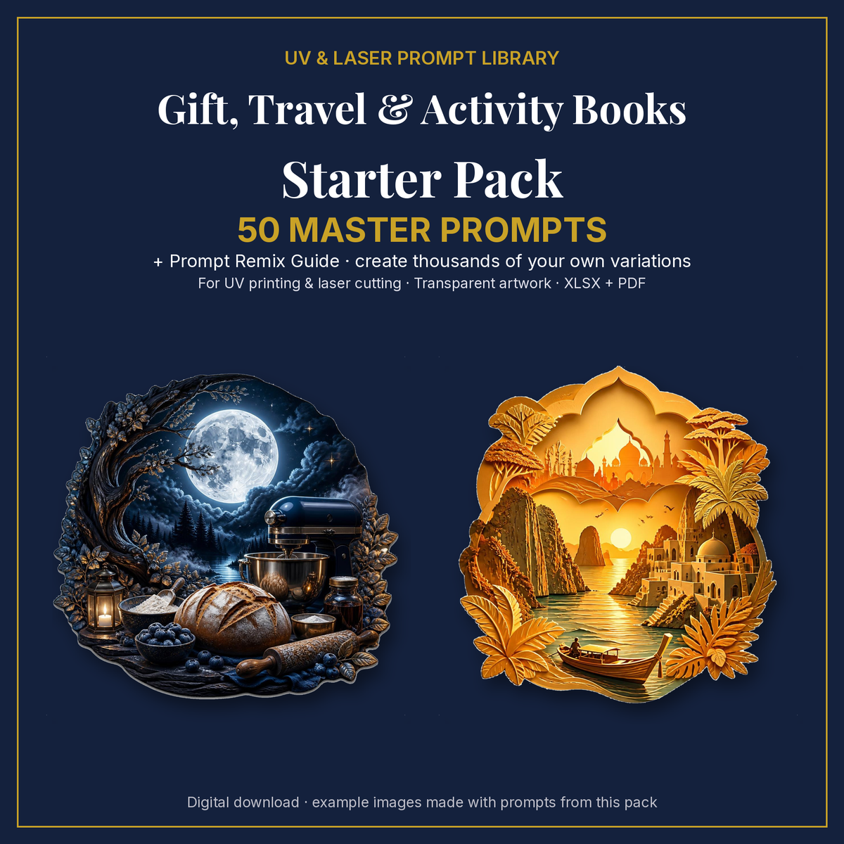Cover: Gift, Travel & Activity Books Starter Pack, 50 master prompts + Prompt Remix Guide