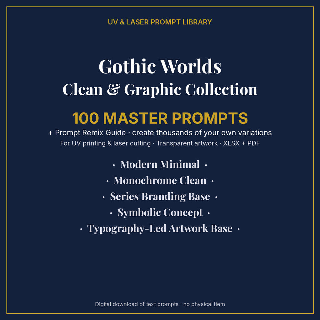 Cover: Gothic Worlds Clean & Graphic Collection, 100 master prompts + Prompt Remix Guide