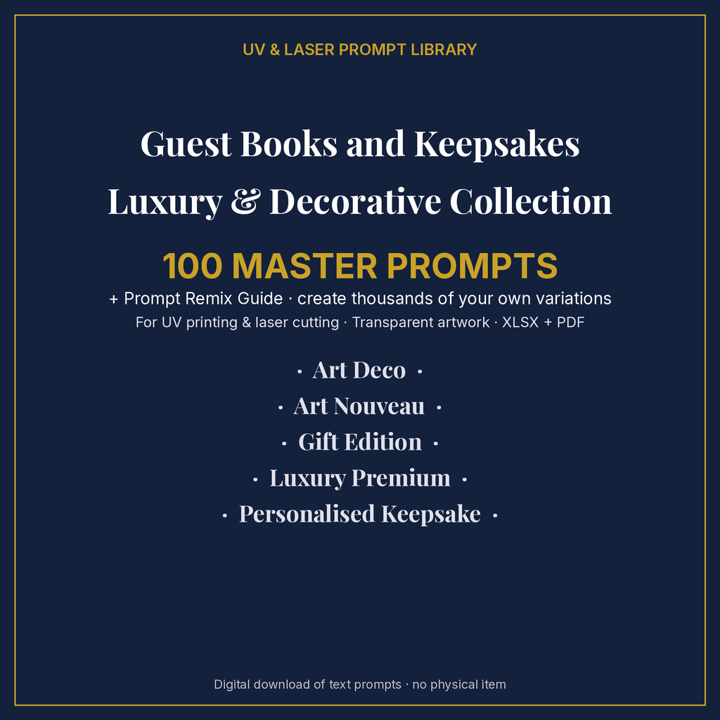 Cover: Guest Books and Keepsakes Luxury & Decorative Collection, 100 master prompts + Prompt Remix Guide