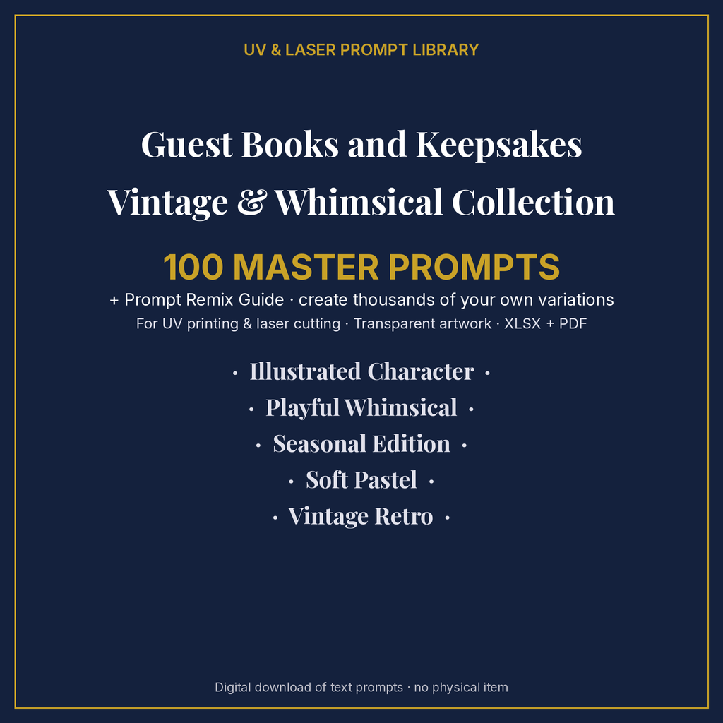 Cover: Guest Books and Keepsakes Vintage & Whimsical Collection, 100 master prompts + Prompt Remix Guide