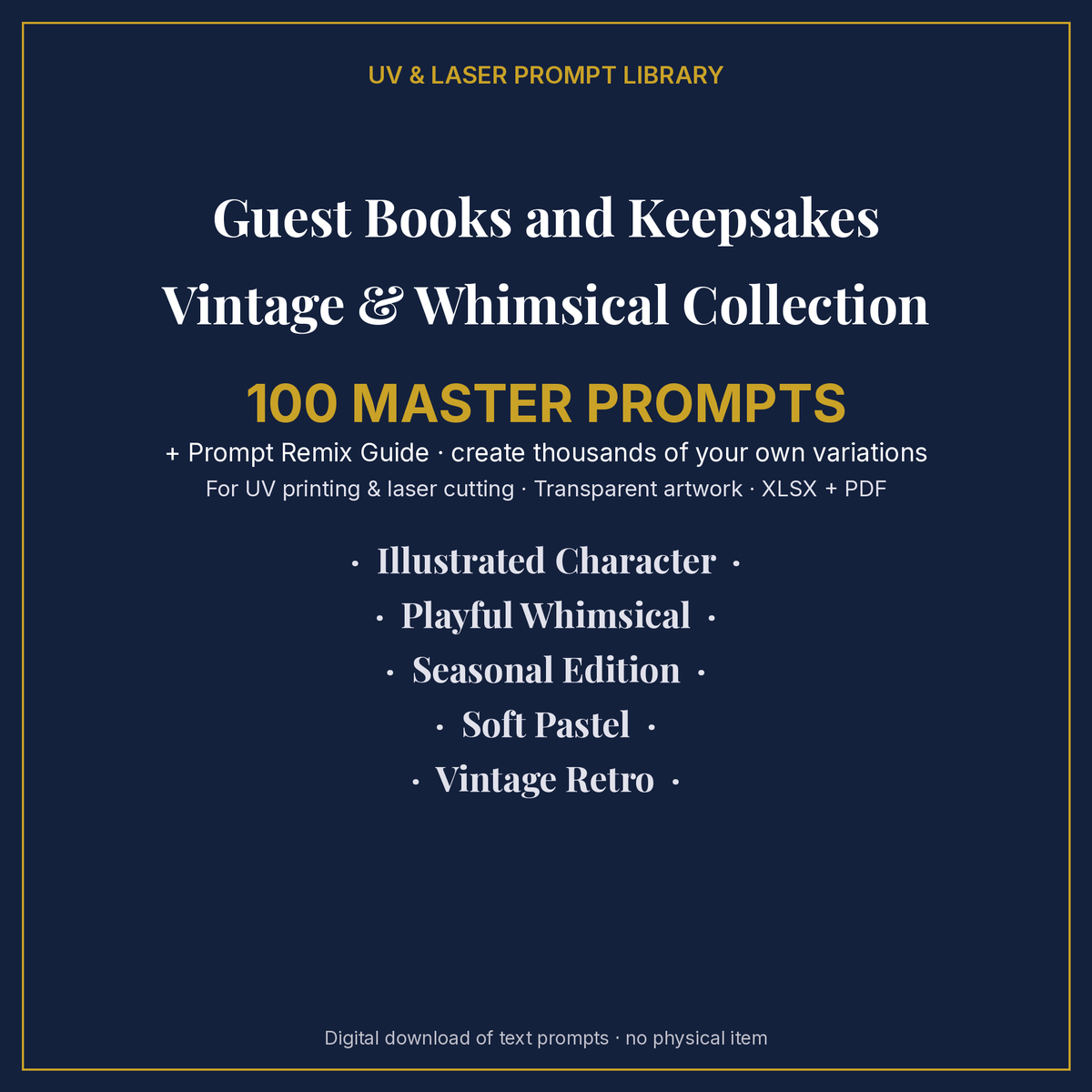 Cover: Guest Books and Keepsakes Vintage & Whimsical Collection, 100 master prompts + Prompt Remix Guide