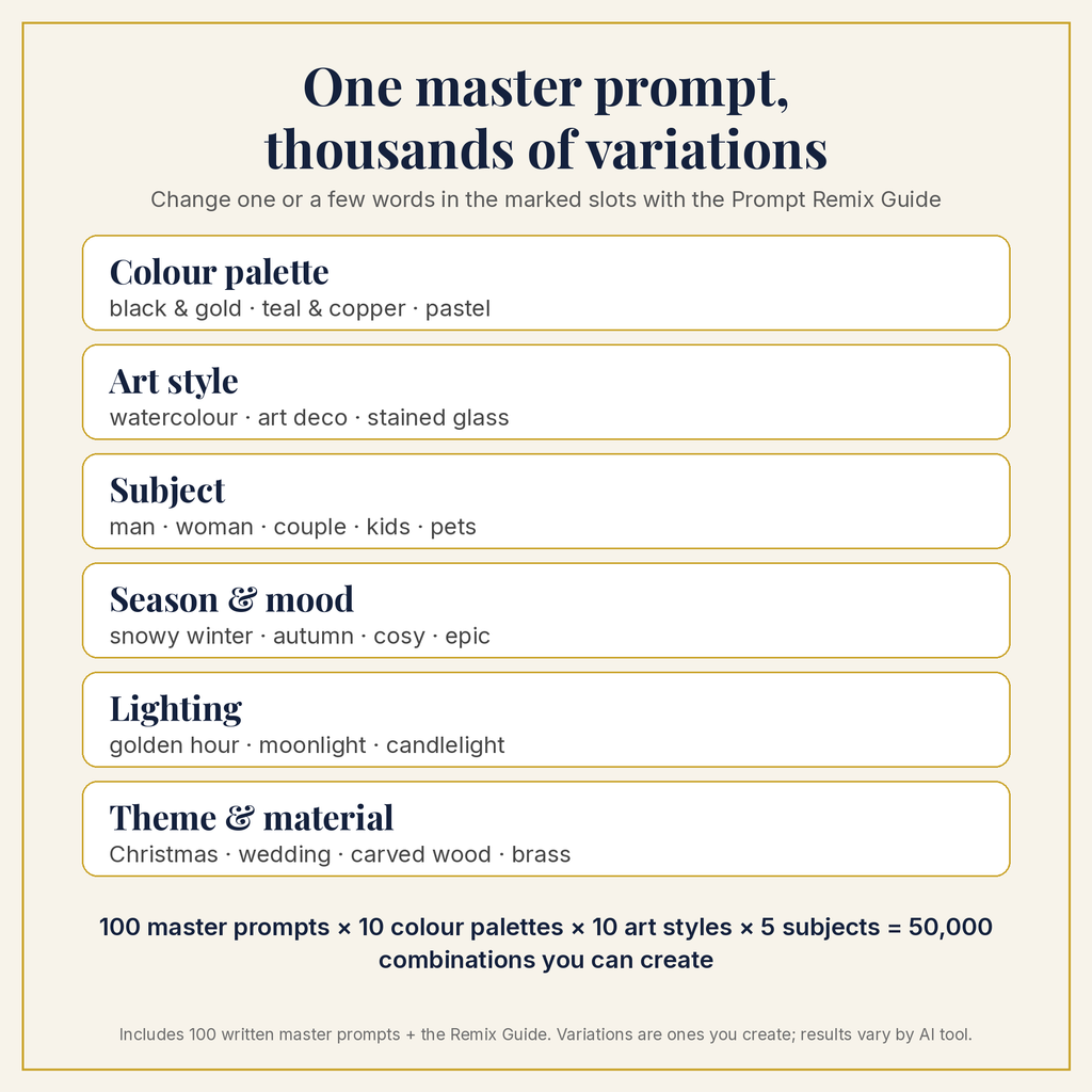 Prompt Remix Guide: swap a few words in each master prompt to create thousands of your own variations