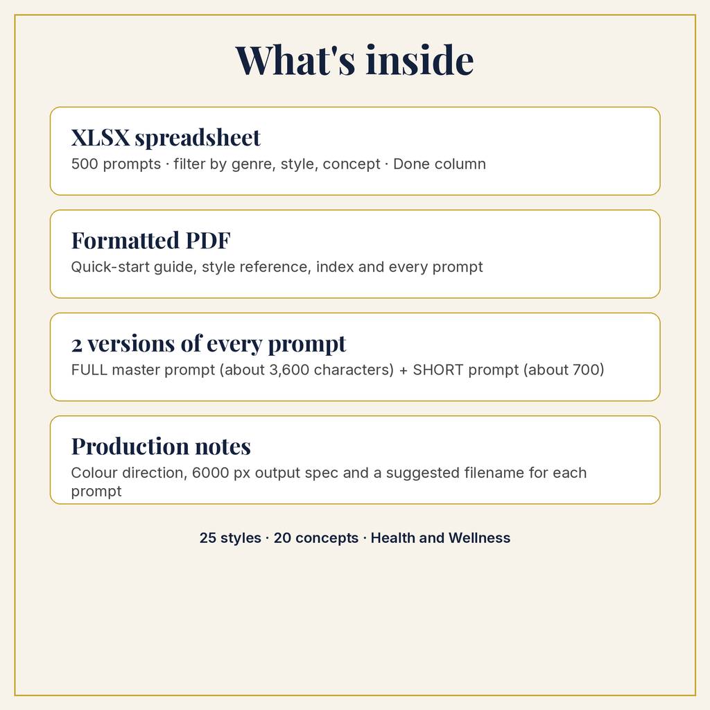 What is inside the download: XLSX, PDF, full and short prompts