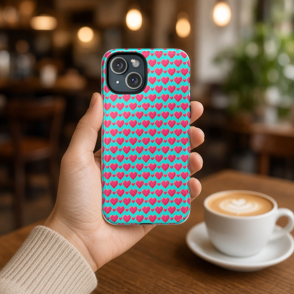 Hand holding the Heart Bubble Grid magnetic iPhone case in a cafe beside a latte
